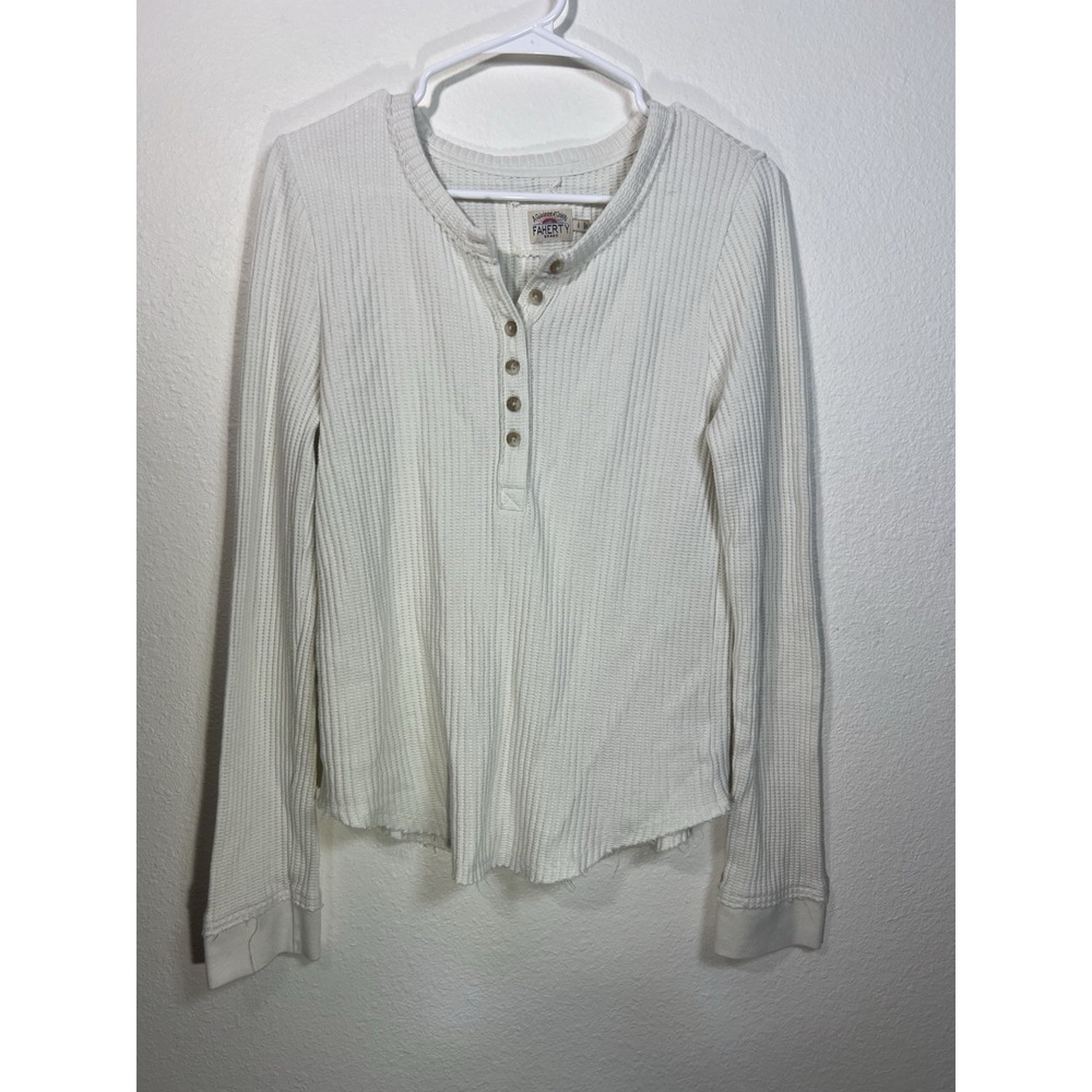 Faherty Legend Apres Waffle Knit Henley Shirt Women's L Ivory Thermal Pima Modal